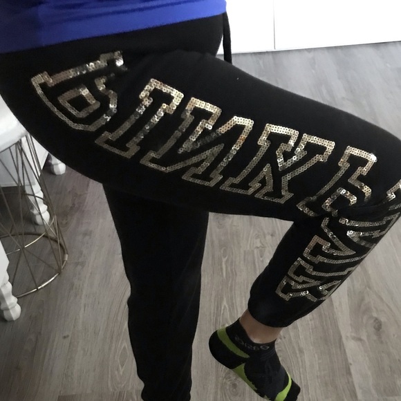 PINK VS Women Sequins Embroidered Logo Black Sweatpants | XS - Picture 1 of 11